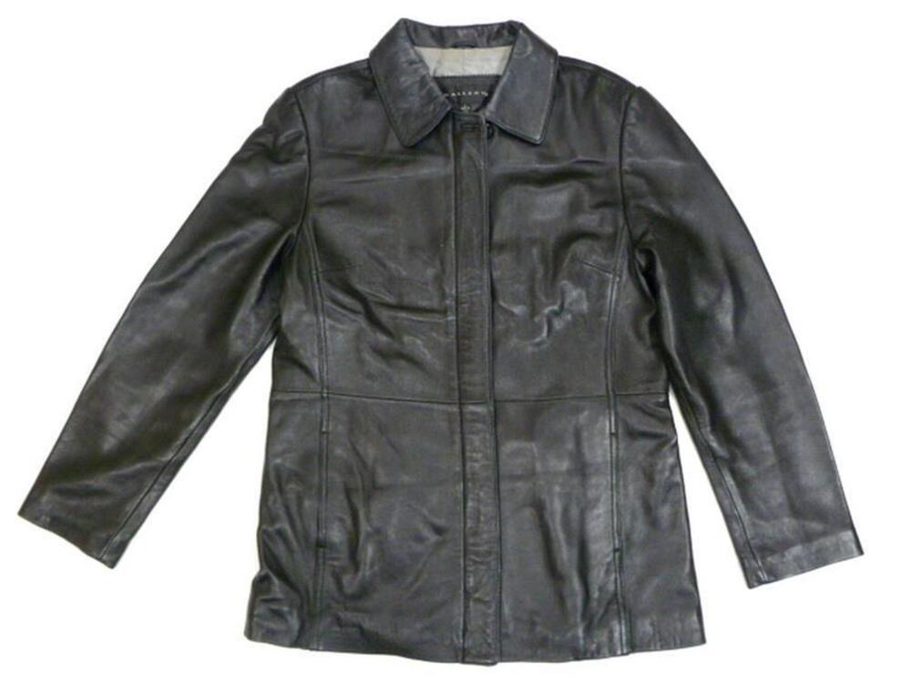 GALLERY WOMEN L USED SOFT GENUINE LEATHER BLACK ZIP UP FITTED LONG JACKET